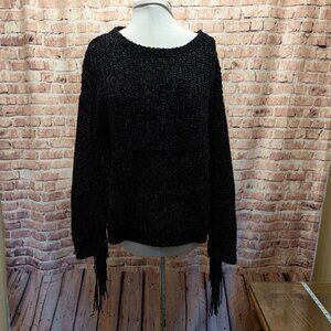 BiBi Sweater Black Knit with Fringe Under Sleeves Size Small NWT